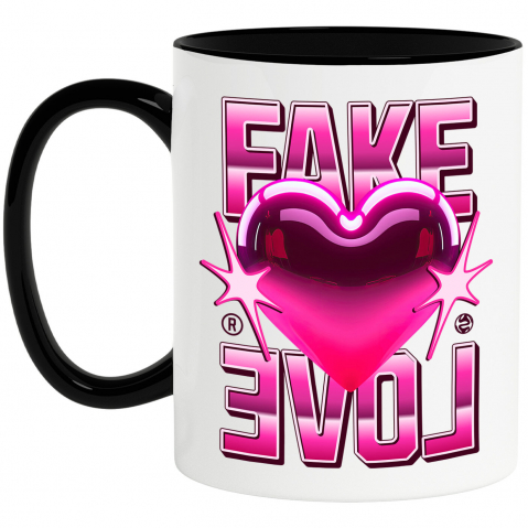 Dragoste - Cana Personalizata Inimă Strălucitoare Roz cu Mesaj „Fake Love” – Cadou Personalizat pentru Valentine's Day