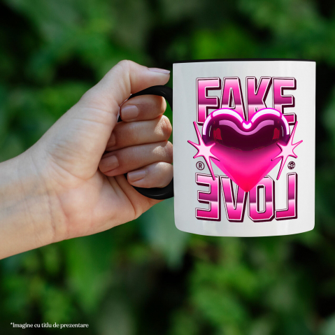 Cana Personalizata Inimă Strălucitoare Roz cu Mesaj „Fake Love” – Cadou Personalizat pentru Valentine's Day [1]