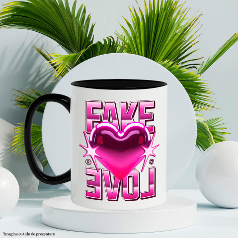 Cana Personalizata Inimă Strălucitoare Roz cu Mesaj „Fake Love” – Cadou Personalizat pentru Valentine's Day [2]
