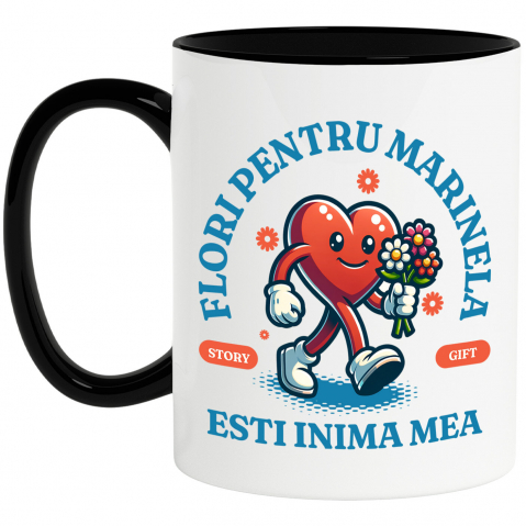 Dragoste - Cana Personalizata Inimă Veselă cu Buchet de Flori și Mesaj „Flori pentru Marinela, Inima Mea” – Cadou Personalizat