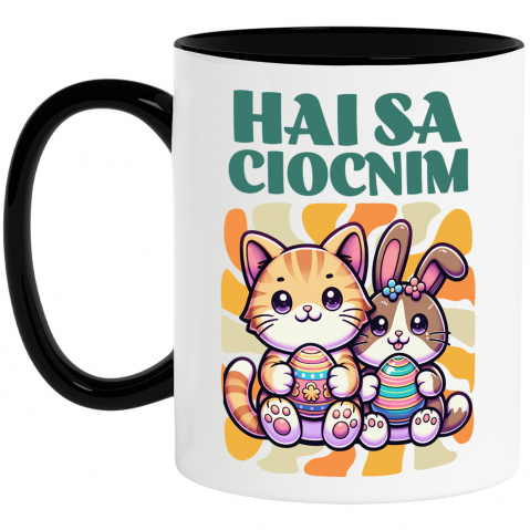 Paste - Cana Personalizata "Pisica Portocalie și Iepure Cu Ouă Colorate - Hai Să Ciocnim Paște Fericit"
