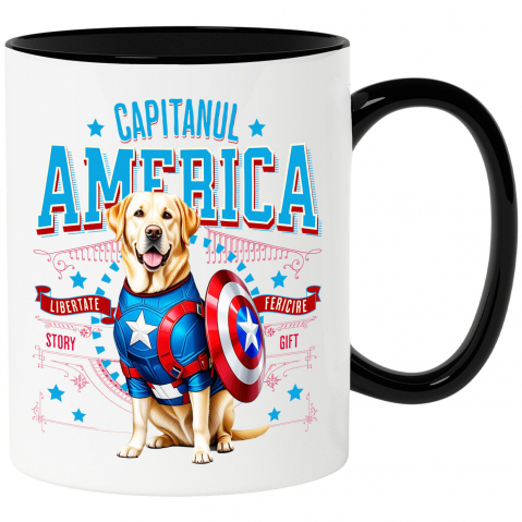 Cadouri Pentru Cupluri - Cana Personalizata Labrador în Costum Captain America cu Pelerină - Cadou Personalizat pentru Copii și Iubitorii de Câini