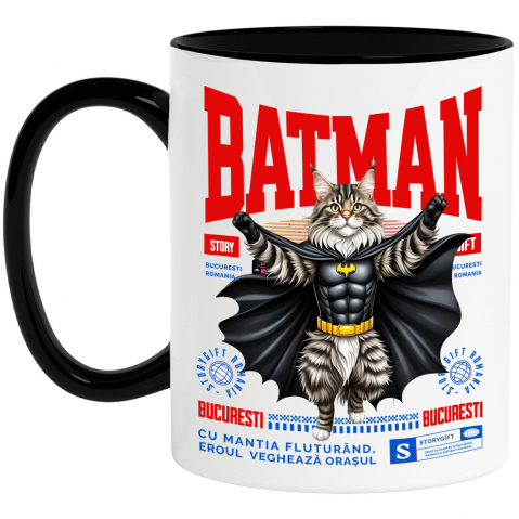 Supereroi - Cana Personalizata Pisica Maine Coon în Costum de Batman – Supereroul Perfect pentru Iubitorii de Pisici și Copii