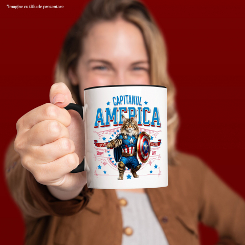 Cana Personalizata Pisica Maine Coon în Costum de Captain America cu Pelerină - Cadou Personalizat pentru Copii și Iubitorii de Pisici [1]