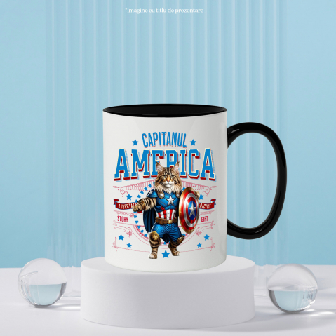 Cana Personalizata Pisica Maine Coon în Costum de Captain America cu Pelerină - Cadou Personalizat pentru Copii și Iubitorii de Pisici [2]