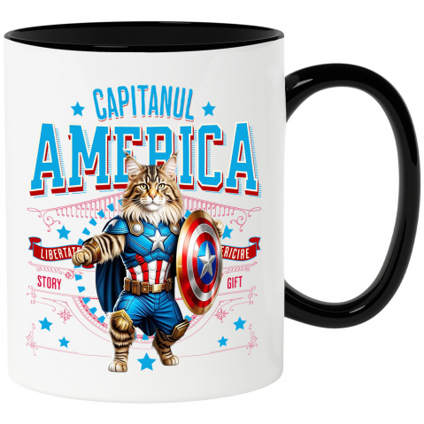 Cani Personalizate - Cana Personalizata Pisica Maine Coon în Costum de Captain America cu Pelerină - Cadou Personalizat pentru Copii și Iubitorii de Pisici