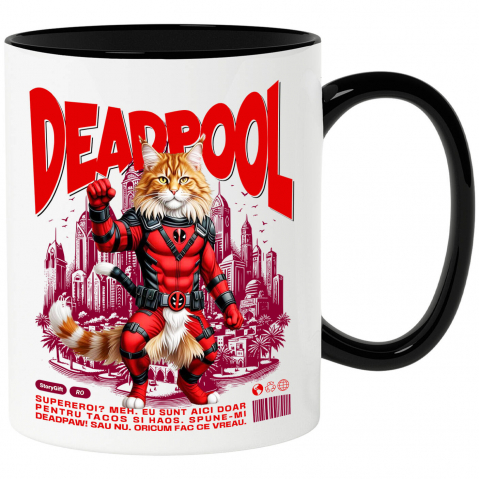 Cadouri Pentru Cupluri - Cana Personalizata Pisică Maine Coon în Costum Deadpool – Supererou Amuzant și Personalizat
