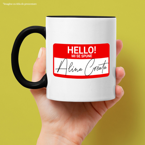 Cana Personalizata Mesaj Haios Roșu "Hello Mi Se Spune Alina" - Insignă Personalizată pentru Angajați, Familie și Prieteni [1]