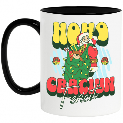 Craciun - Cana Personalizata Moș Crăciun cu Sac Verde și Cadouri Colorate – Cadouri Personalizate pentru Crăciun Fericit