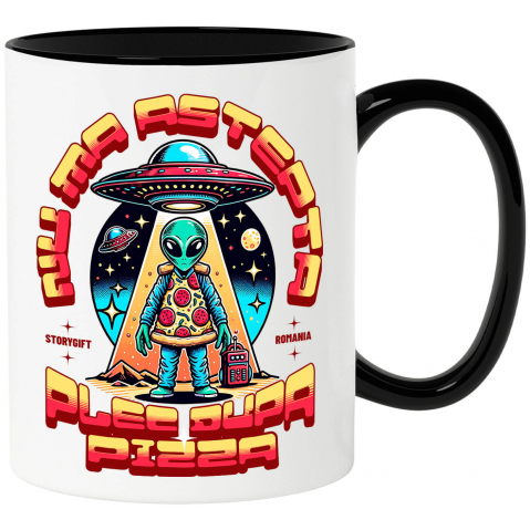 Mancare - Cana Personalizata Nava spațială cu pizza personalizată și mesaj haios – Cadou original pentru iubitorii de pizza