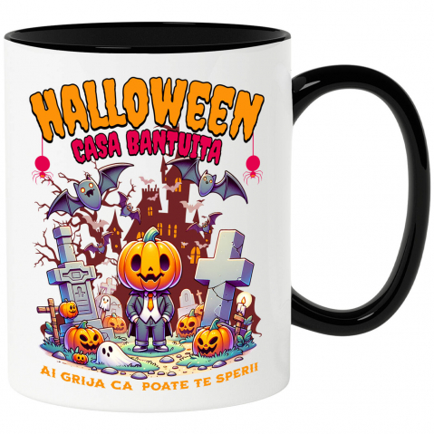 Halloween - Cana Personalizata Om cu Cap De Dovleac și Mesaj Halloween | Casa Bântuită | Cadouri Personalizate pentru Halloween