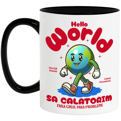 Planeta - Cana Personalizata "Produse personalizate pentru călătorii – Pământ animat cu adidași roșii și text Hello World"