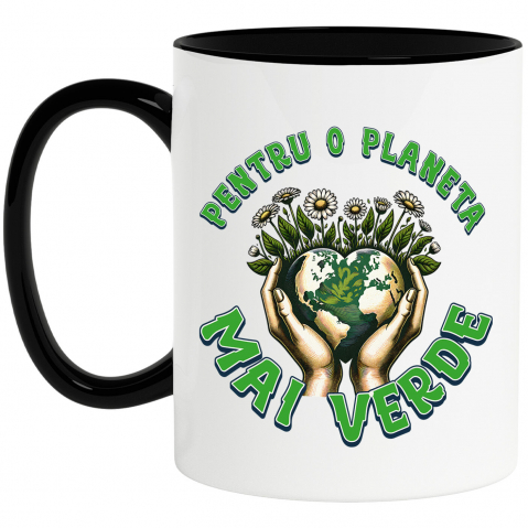 Planeta - Cana Personalizata "Produse personalizate ecologice – Pământ în formă de inimă și flori de margarete pentru o planetă mai verde"