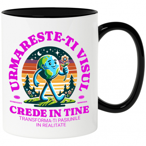 Planeta - Cana Personalizata "Produse personalizate inspiraționale – Pământ mergător și floare roșie pentru a-ți urma visul"