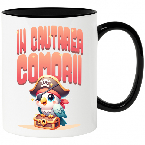 Animale - Cana Personalizata „Papagal Pirat Colorat Cu Pălărie Și Cufăr De Comori – Cadou Personalizat „În Căutarea Comorii””