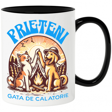Calatorie - Cana Personalizata "Pereche Perfectă: Câine și Pisică la Foc de Tabără – Aventură cu Prieteni Gata de Călătorie"