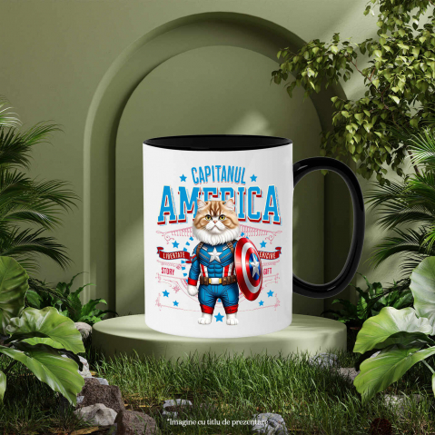 Cana Personalizata Pisica Persan în Costum de Captain America cu Pelerină - Cadou Personalizat pentru Copii și Iubitorii de Pisici [2]