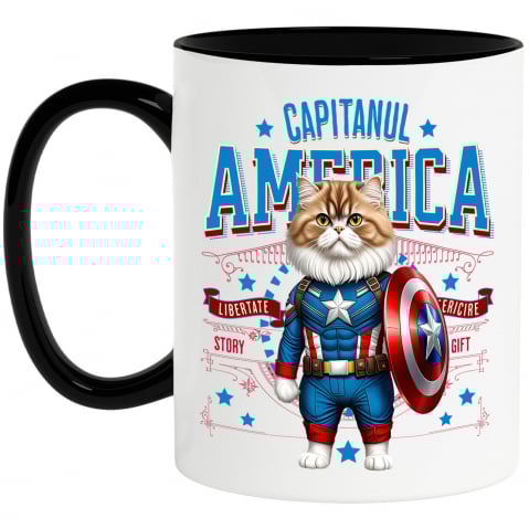 Cani Personalizate - Cana Personalizata Pisica Persan în Costum de Captain America cu Pelerină - Cadou Personalizat pentru Copii și Iubitorii de Pisici