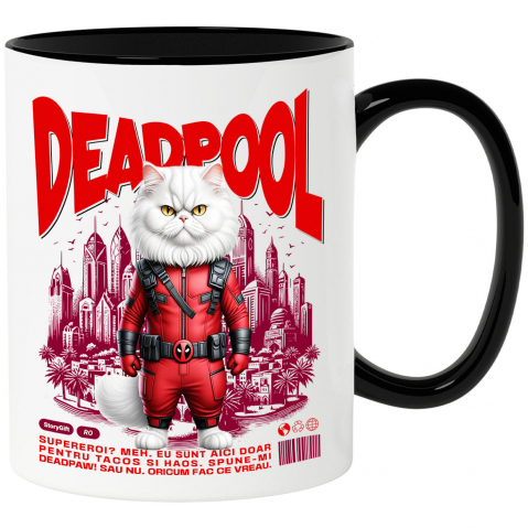 Supereroi - Cana Personalizata Pisică Persană în Costum Deadpool – Supererou Haioș și Personalizat
