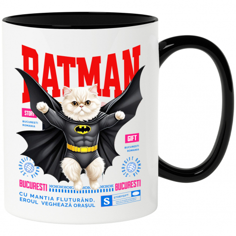 Supereroi - Cana Personalizata Pisica Persană în Costum de Batman – Supererou Haioasă pentru Iubitorii de Pisici și Copii