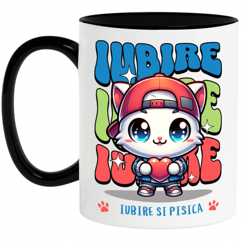 Pisici - Cana Personalizata Pisica Albă Stil Gangster Cu Pălărie Și Inimă – Cadou Personalizat „Iubire Și Pisica” pentru Iubitorii De Pisici