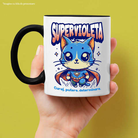 Cana Personalizata Pisica Albastră În Costum De Super Erou – Cadou Personalizat „SuperVioleta Curaj Putere Determinare” [1]