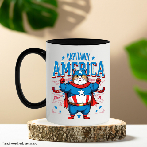 Cana Personalizata Pisica Amuzantă și Pufosă în Costum de Captain America cu Pelerină - Cadou Personalizat pentru Copii și Iubitorii de Pisici [2]