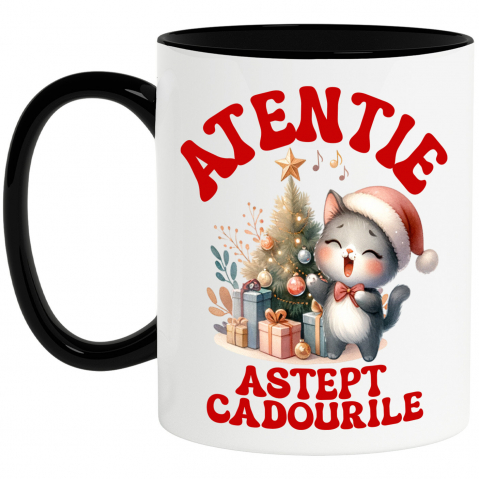 Cadouri Pentru Copii - Cana Personalizata Pisica Cântând Lângă Bradul de Crăciun – „Aștept Cadourile” – Cadou Perfect pentru Iubitorii de Pisici
