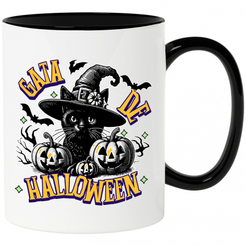 Halloween - Cana Personalizata Pisica cu Pălărie de Halloween și Dovleci de Horror | Costum Pisică Tematic Halloween