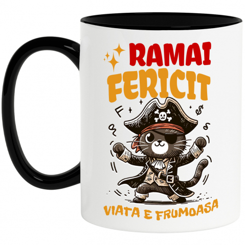 Animale - Cana Personalizata Tricou Personalizat Pisică Pirat – "Rămâi Fericit, Viața E Frumoasă" | Cadou Amuzant pentru Iubitori de Pisici
