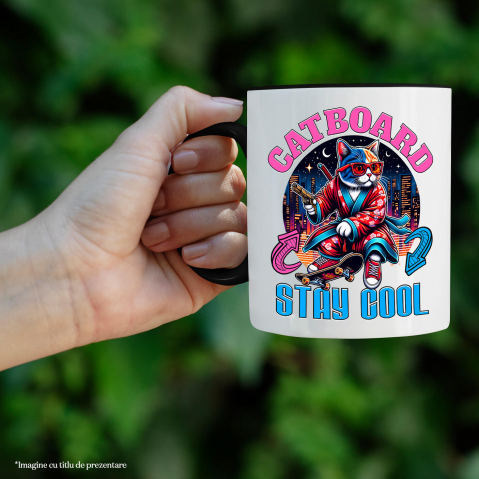 Cana Personalizata Pisica Cu Skateboard – Ținută Asiană Urbană – Stay Cool – Cadou Personalizat Pentru Familie și Iubitorii De Pisici [1]