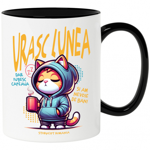 Pisici - Cana Personalizata Pisica Haioasă Somnoroasă Cu Cană De Cafea – Cadou Personalizat „Urașc Lunea, Iubesc Cafeaua” pentru Iubitorii De Pisici și Cafea