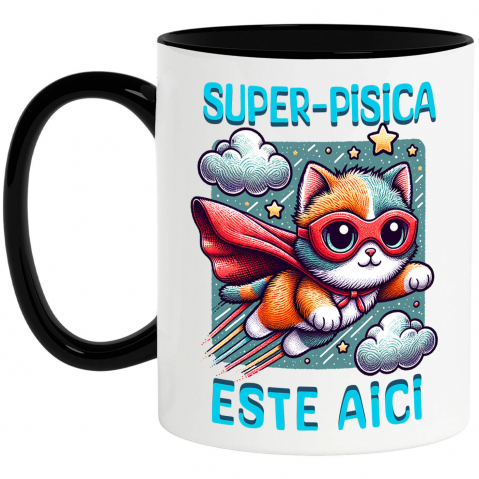 Căni - Cana Personalizata Super-Pisica Este Aici! Pisica Cu Pelerină și Masca De Super-Erou – Cadou Personalizat Pentru Familie și Copii
