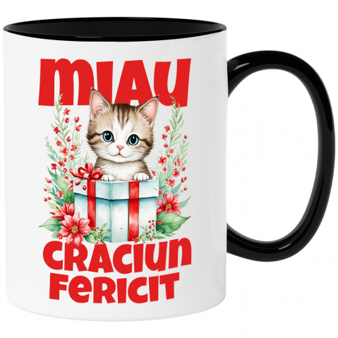 Cana Personalizata Pisica în Cutie de Cadou – Miau Crăciun Fericit și Flori Colorate pentru Iubitorii de Pisici