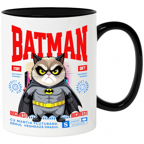 Supereroi - Cana Personalizata Pisica Morocănoasă în Costum de Batman – Un Supererou Amuzant pentru Iubitorii de Animale