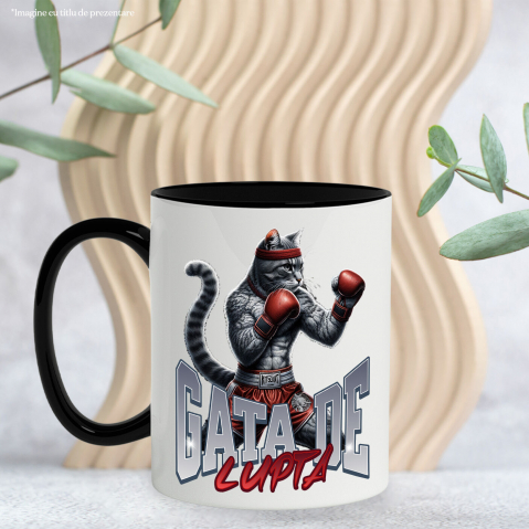 Cana Personalizata Pisica Motan Gri cu Mănuși și Echipament Roșu – Box și Sport de Contact Motivational [2]