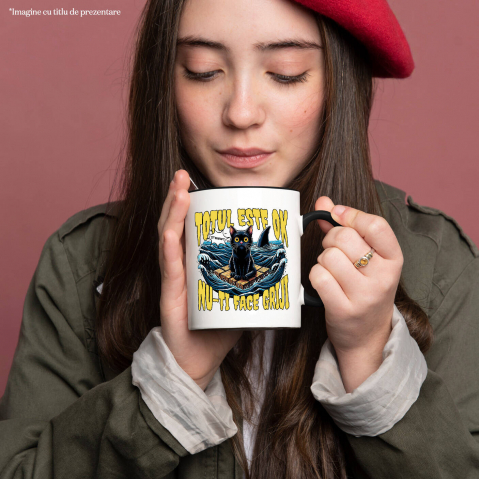 Cana Personalizata Pisica Anxietate Pe Mare Cu Rechini „Totul Este Ok, Nu-ți Face Griji” – Cadou Amuzant Pentru Iubitorii De Pisici [1]