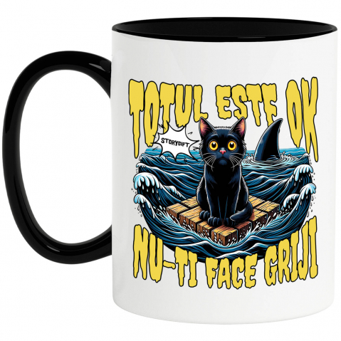 Căni - Cana Personalizata Pisica Anxietate Pe Mare Cu Rechini „Totul Este Ok, Nu-ți Face Griji” – Cadou Amuzant Pentru Iubitorii De Pisici