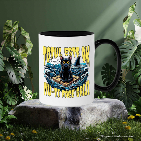 Cana Personalizata Pisica Anxietate Pe Mare Cu Rechini „Totul Este Ok, Nu-ți Face Griji” – Cadou Amuzant Pentru Iubitorii De Pisici [2]