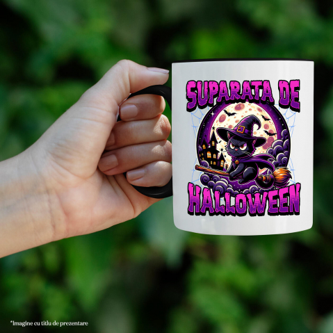 Cana Personalizata Pisica pe Mătura cu Pălărie de Vrăjitoare pentru Halloween | Pisică Supărată de Halloween [1]