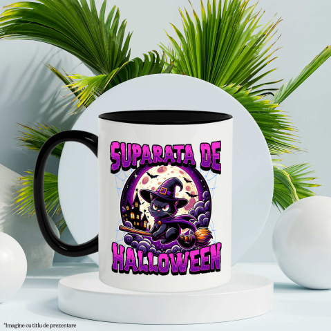 Cana Personalizata Pisica pe Mătura cu Pălărie de Vrăjitoare pentru Halloween | Pisică Supărată de Halloween [2]