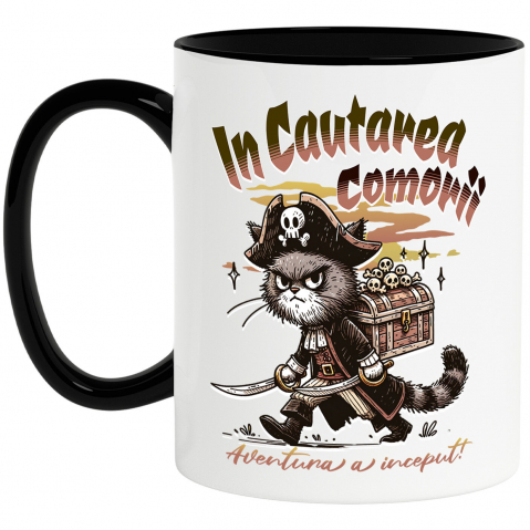 Pisici - Cana Personalizata "Pisica Pirat cu Pălărie și Cufăr Cranii - Aventură cu Comori pentru Copii"