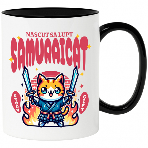 Pisici - Cana Personalizata Pisica Portocalie Samurai – Cadou Personalizat Născut Să Lupt Samuraicat pentru Familie și Prieteni