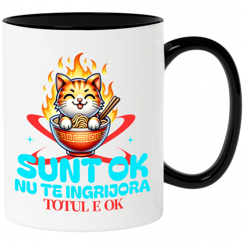 Mancare - Cana Personalizata Pisică Portocalie în Bol Fierbinte cu Noodles în Flăcări - Cadouri Amuzante cu Mesaje Pozitive pentru Familie și Prieteni