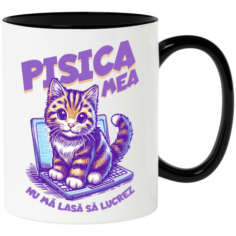 Pisici - Cana Personalizata Pisica Pe Laptop „Pisica Mea Nu Mă Lasă Să Lucrez” – Cadou Amuzant Pentru Iubitorii De Pisici Și Birou