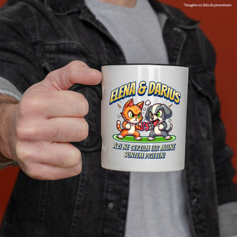 Cana Personalizata "Pisica și Câine Luptă Box - Cadou Haios pentru Elena & Darius, Certuri și Prietenie" [1]