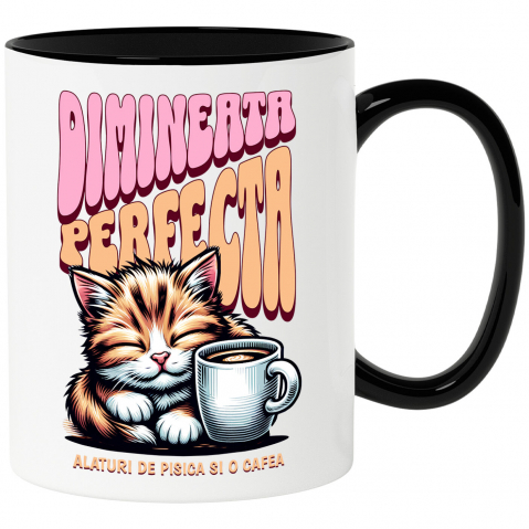 Căni - Cana Personalizata „Pisică Somnoroasă cu Cană de Cafea – Dimineața Perfectă pentru Iubitorii de Pisici”