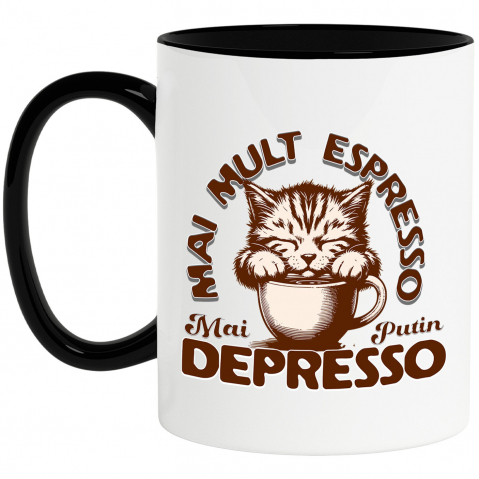 Bauturi - Cana Personalizata „Cană Personalizată „Mai Mult Expresso Mai Puțin Depresso” cu Pisică Somnoroasă – Cadou Amuzant pentru Iubitorii de Cafea și Pisici”