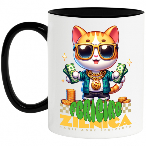 BANI - Cana Personalizata Pisica Gangster cu Bancnote și Aur – „Banii Aduc Fericirea Zilnică” – Cadou Personalizat pentru Familie, Tati, Copii, Prieteni