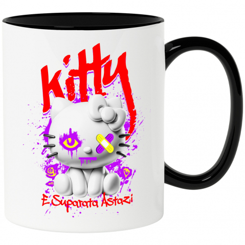 Pisici - Cana Personalizata Pisica Stil Hello Kitty Albă Cu Plasturi La Ochi – Cadou Personalizat „Kitty Supărată Astăzi” pentru Iubitorii De Pisici și Hello Kitty